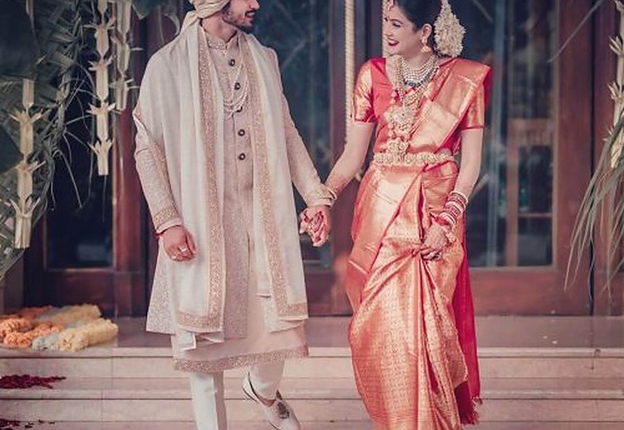 Bride and groom celebrating their wedding